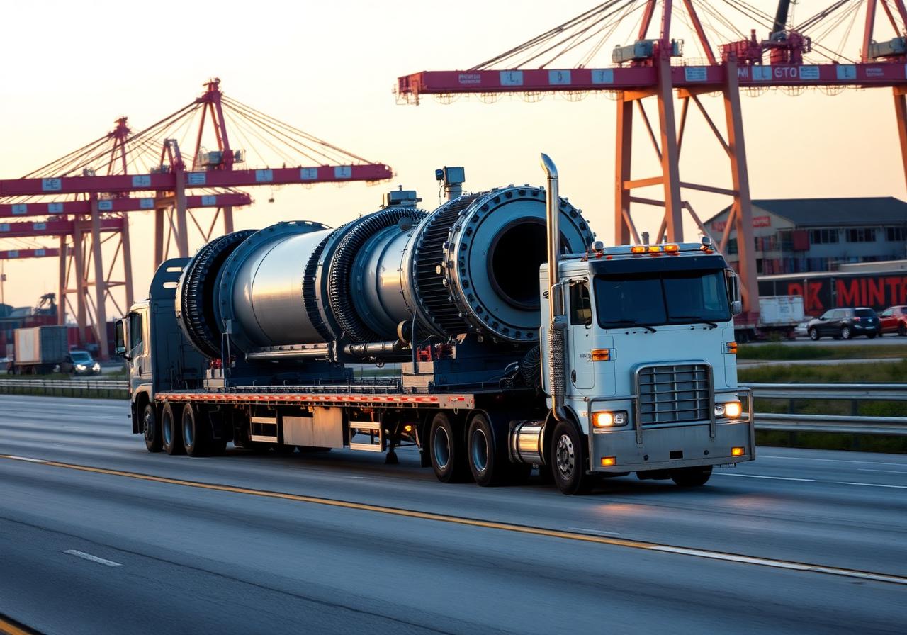 Heavy haul flatbed truck moving oversized industrial cargo from a Port of Houston terminal