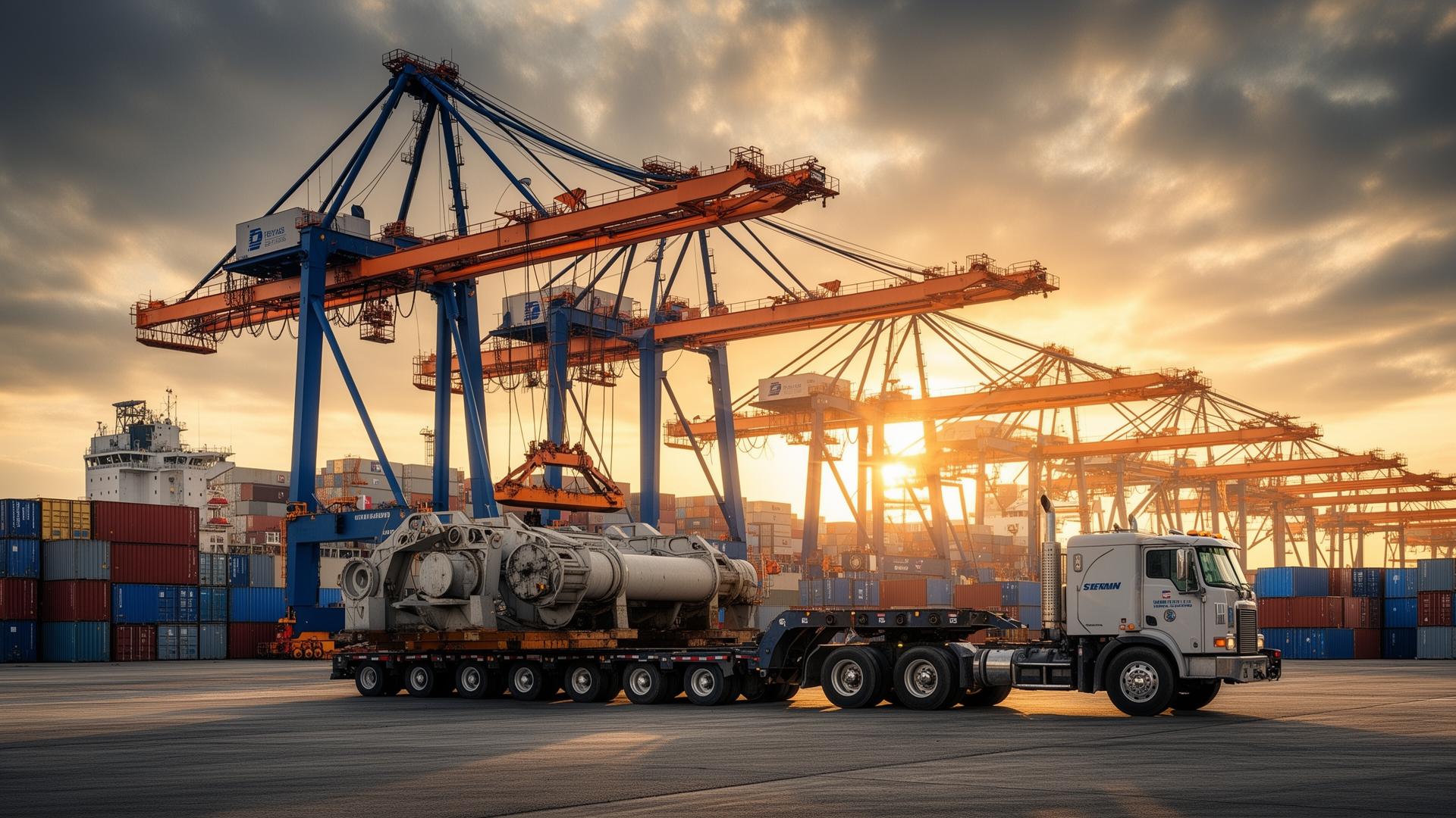 Port of Houston terminal with ship-to-shore cranes and heavy haul flatbed truck loaded with oversized industrial cargo at sunset